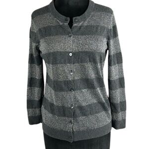 Ann Taylor Cardigan Striped Grey/Silver Metallic Threading Women’s Size Large